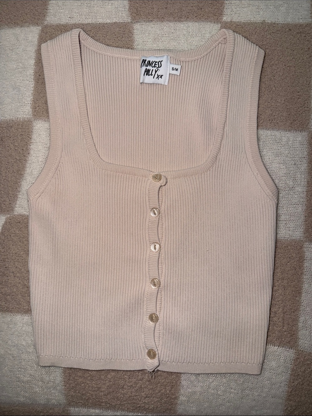 Princess Polly Cream Ribbed Button-Front Tank